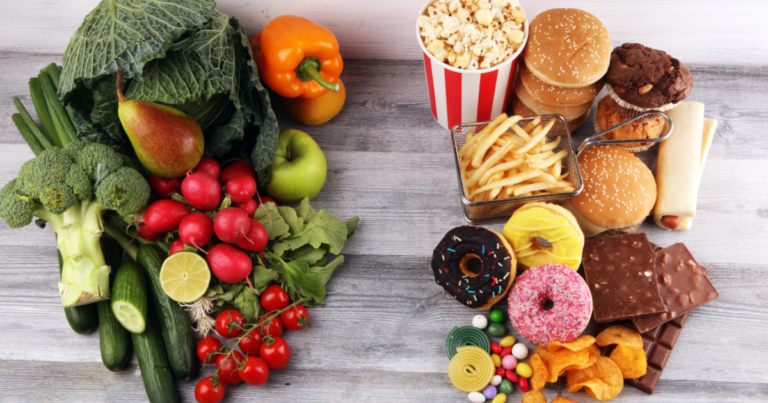 Fresh fruit and vegetables compared with ultra-processed foods, illustrating how processed foods can influence children's taste preferences.