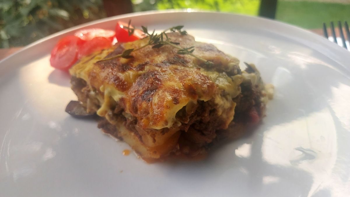 Homemade Greek moussaka with beef or lamb, aubergine, potatoes and béchamel