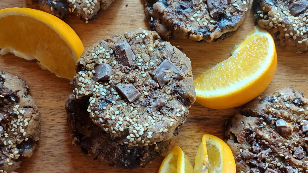 Vegan tahini chocolate chip cookies with orange and sesame seeds