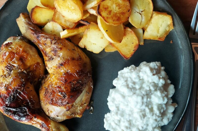 Oven Baked Chicken Legs with Fried Potatoes & Garlic Cottage Cheese