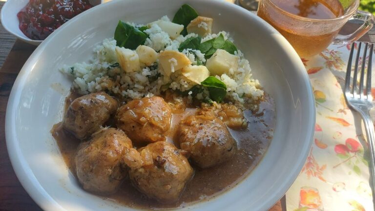 Swedish meatballs with creamy cranberry sauce and celeriac rice