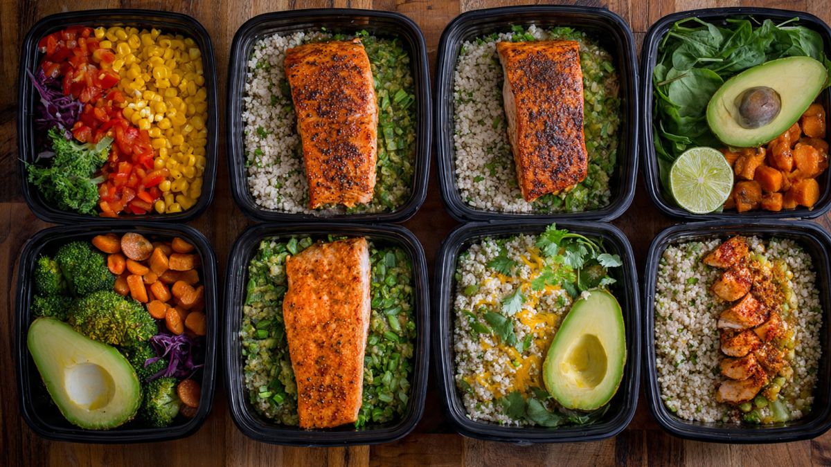 Frisch zubereitetes Meal Prep mit Lachs, Gemüse, Getreide und Avocado