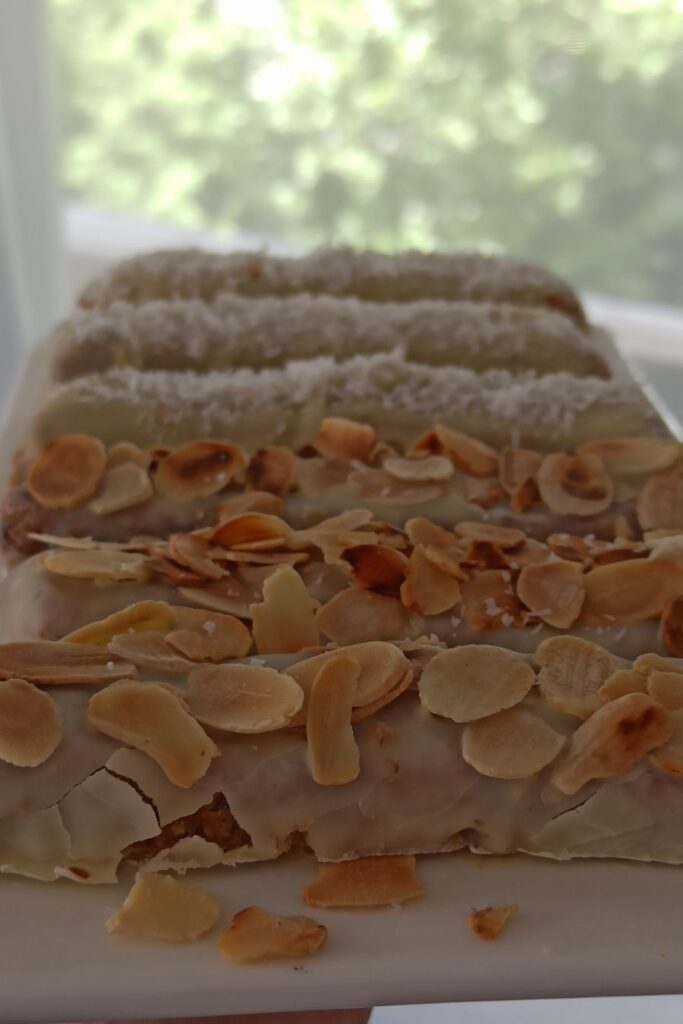 No bake carrot cake bars with almond flakes and coconut