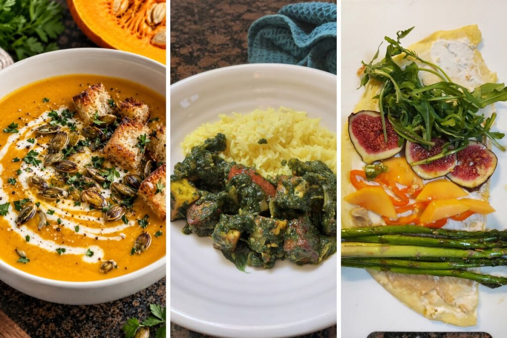Persönliches Meal Prep in Bern mit Kürbissuppe, Saag Paneer Curry und buntem Omelett
