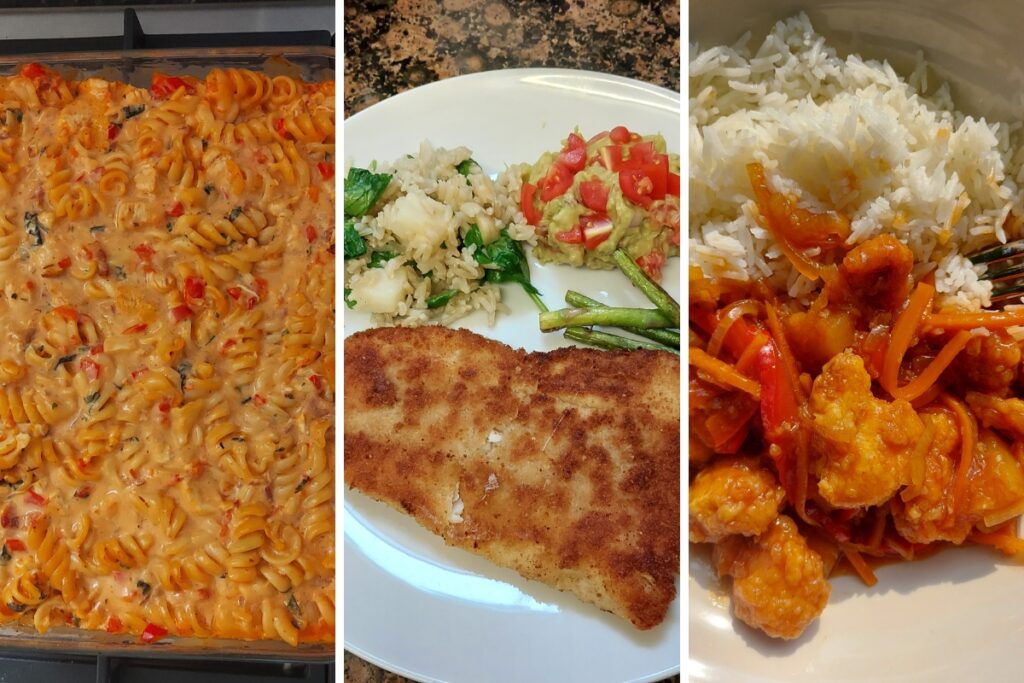 Homemade family meal prep in Bern with pasta, fish and sweet and sour chicken