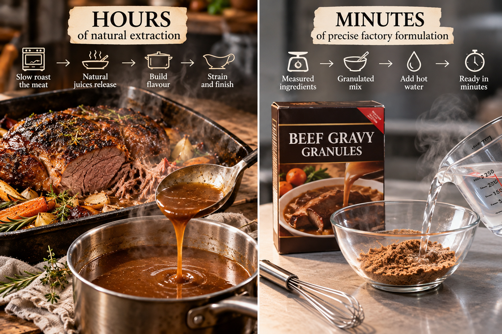 Side-by-side comparison of homemade beef gravy made from slow-roasted meat juices and instant beef gravy granules mixed with hot water, showing traditional cooking versus industrial food preparation.