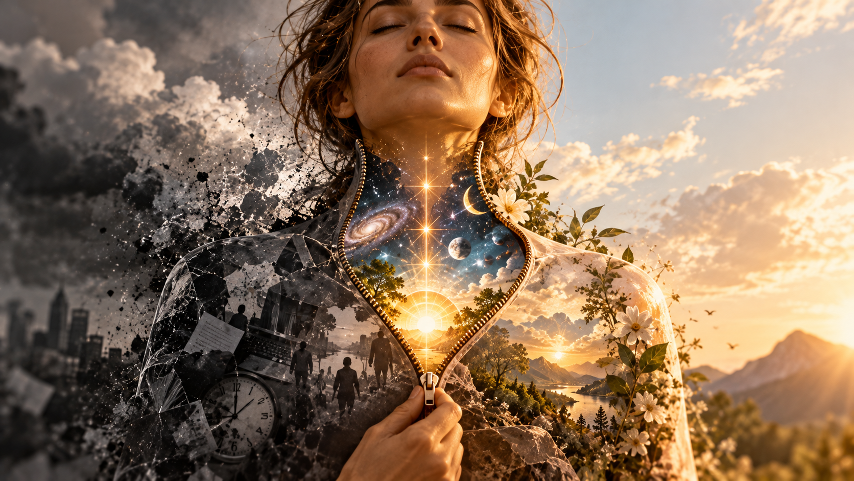 A woman unzipping her body to reveal a glowing universe within, symbolising the connection between physical self, consciousness and nature.