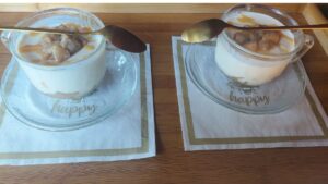 ear panna cotta with caramelised pears and caramel sauce