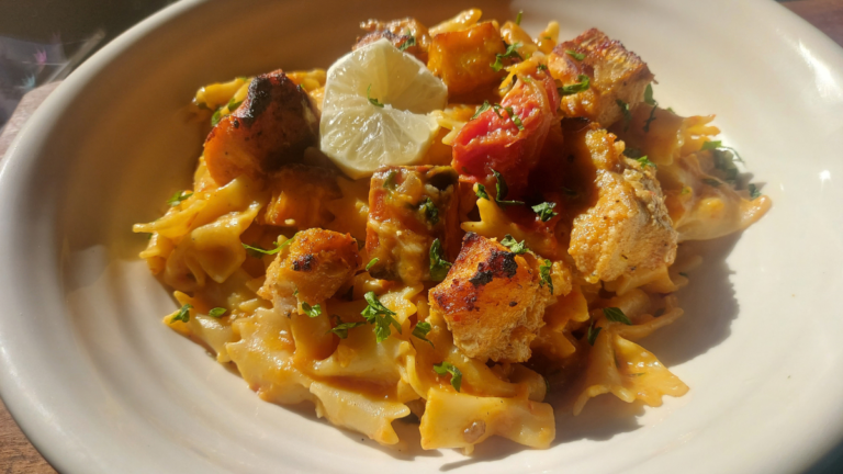 Creamy Hokkaido pumpkin and salmon pasta with roasted pumpkin and cherry tomatoes