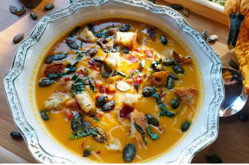 Creamy Hokkaido Pumpkin Soup with Crispy Bacon and Sage