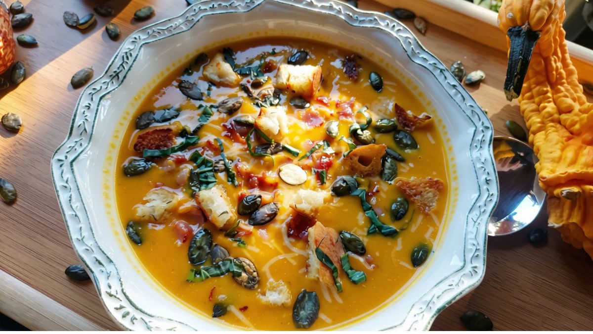 Creamy Hokkaido pumpkin soup topped with crispy bacon, homemade croutons, toasted pumpkin seeds and fresh sage.