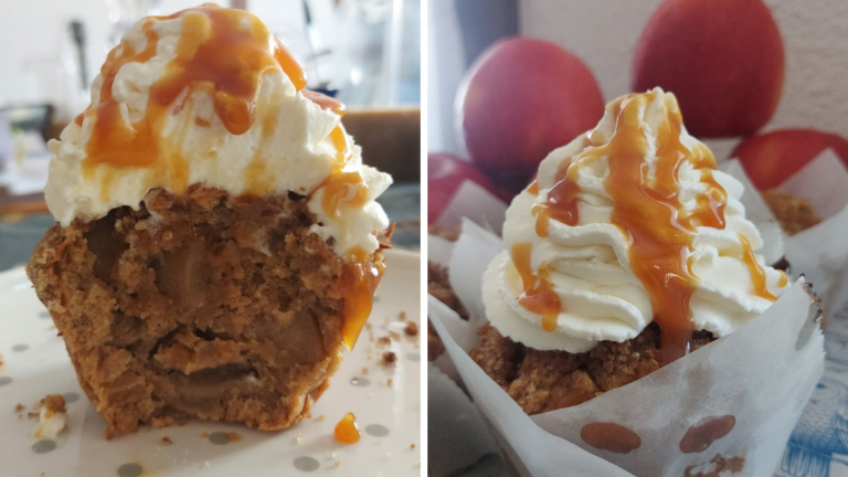 Apple crumble muffins with whipped cream and caramel sauce