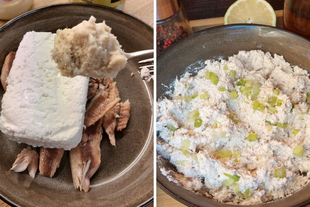 Mackerel and Polish twaróg being mixed into a fish spread