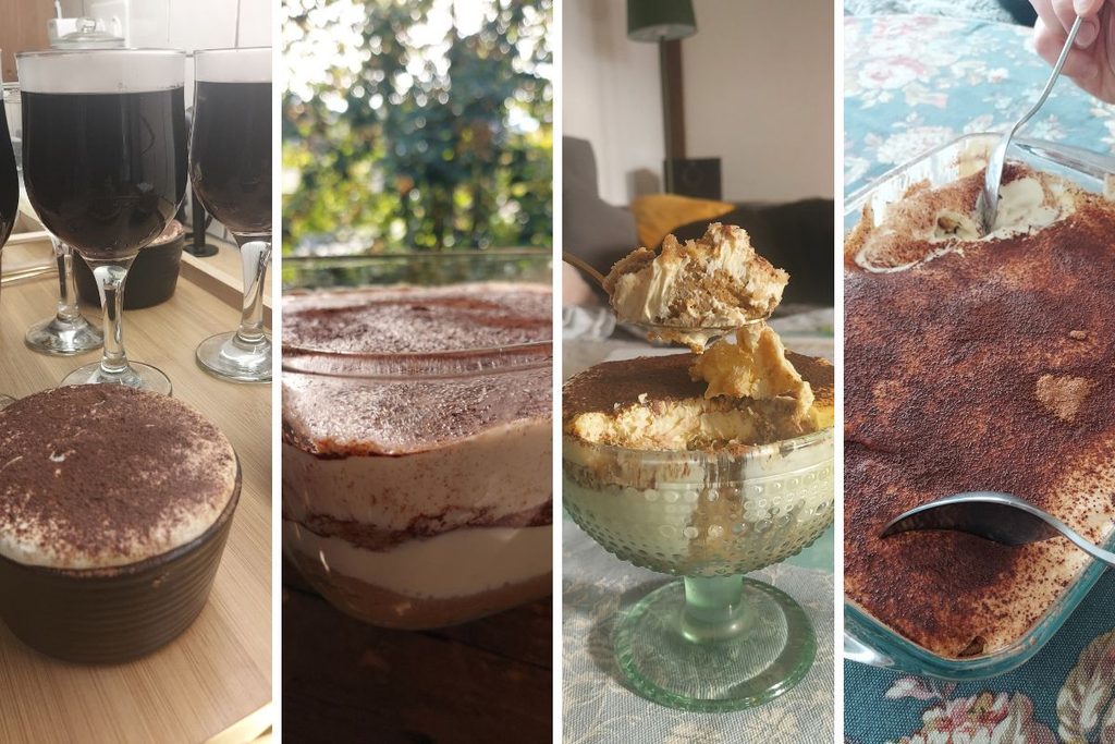 Homemade tiramisu without cream, showing layers of mascarpone filling, coffee-soaked biscuits and cocoa topping