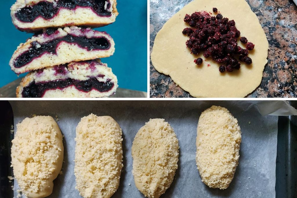 Polish jagodzianki with blueberry filling, crumble topping and the shaping process before baking