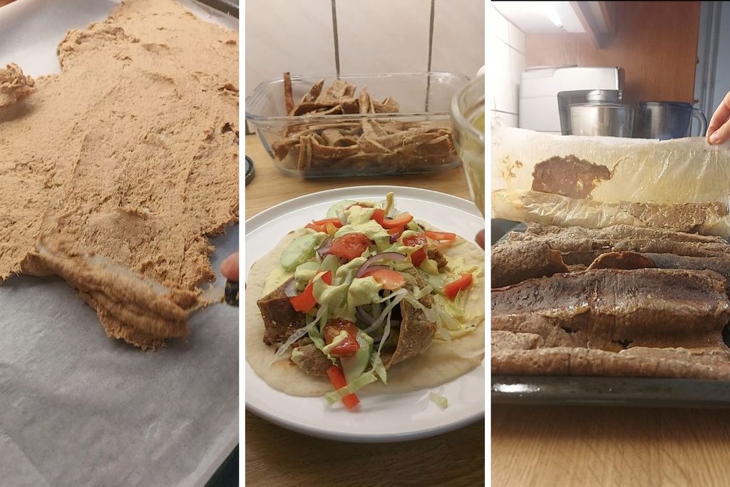 Homemade kebab preparation with seasoned meat, flatbread and fresh salad