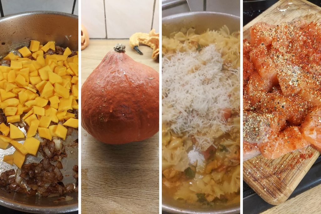 Hokkaido pumpkin and salmon pasta preparation with roasted pumpkin, Parmesan and seasoned salmon