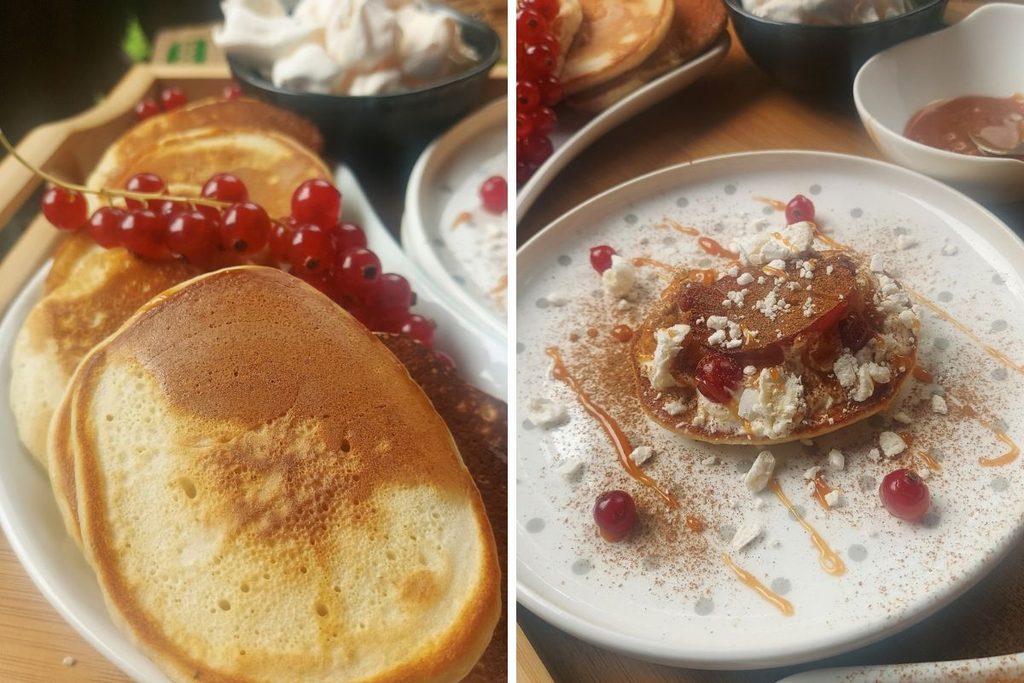 Fluffy American pancakes with redcurrants, cream and caramelised fruit