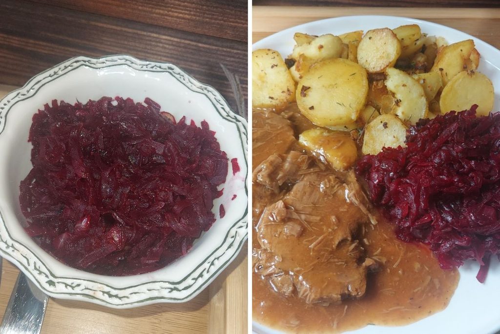 slow-roasted beef shoulder with homemade gravy and golden roasted potatoes alongside a close-up of traditional warm Polish grated beetroot with onion.